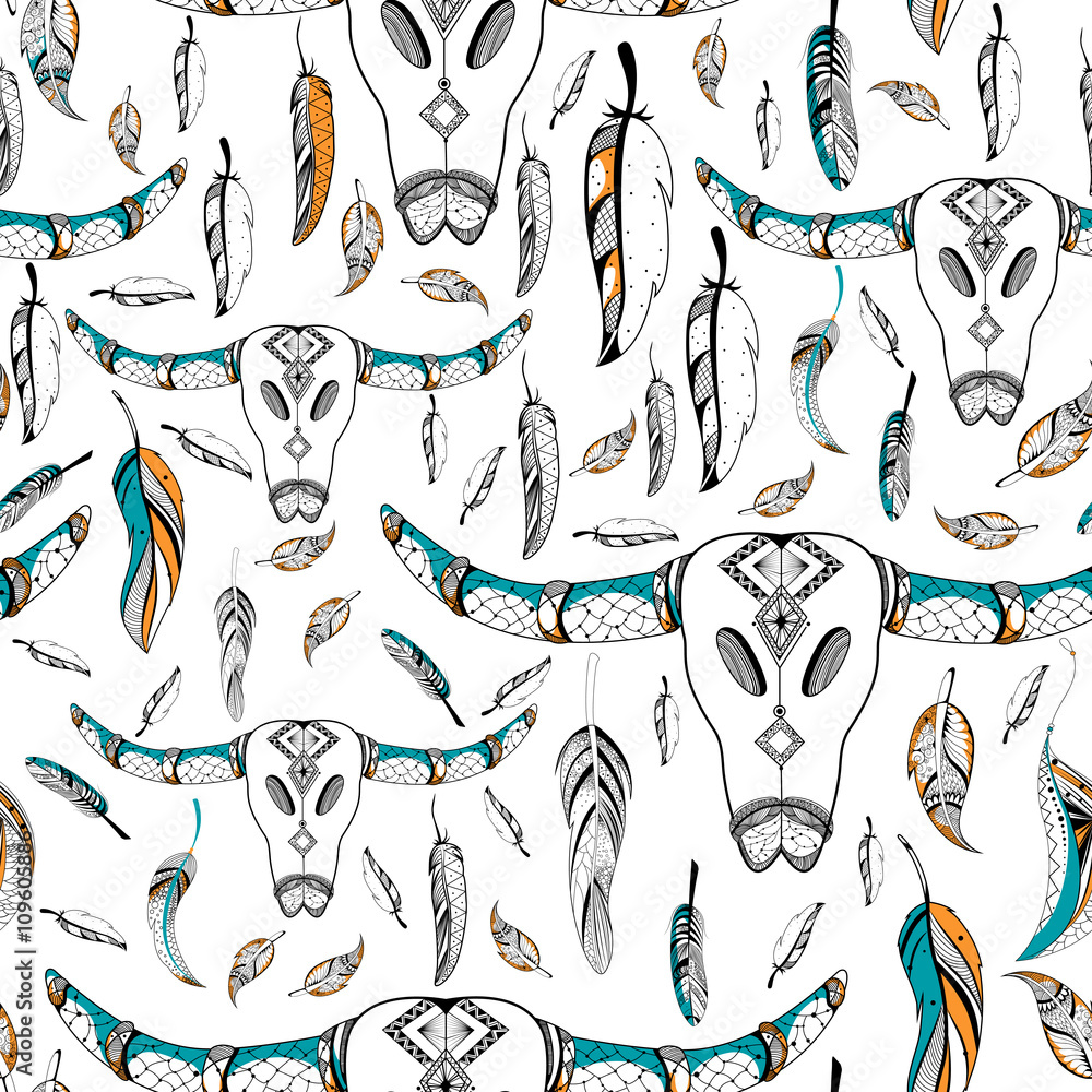 Obraz premium Skull of bull in Tribal boho style seamless pattern