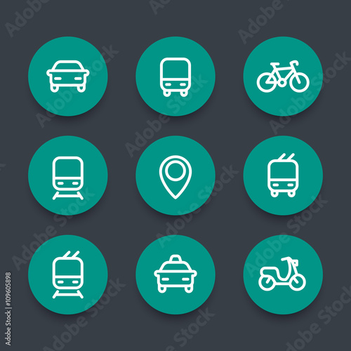 City and public transport round green icons, public transportation vector icons, route, bus, subway, taxi, public transport pictograms, thick line icons set, vector illustration