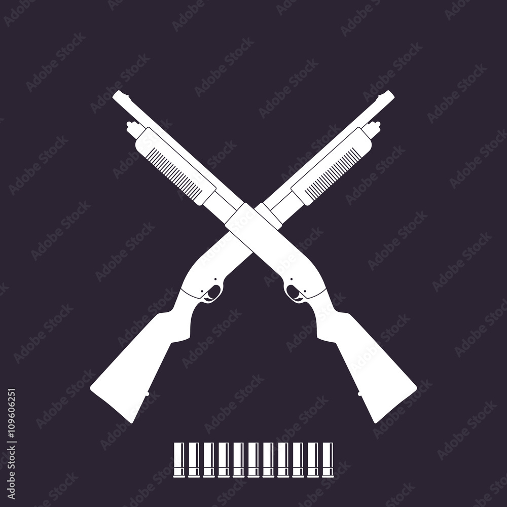 Crossed shotguns, two hunting rifles, shotgun shells, white on dark