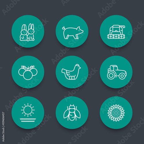 Farm, ranch line icons, harvester, hen, pig, crop, vegetables, green round icons set, vector illustration