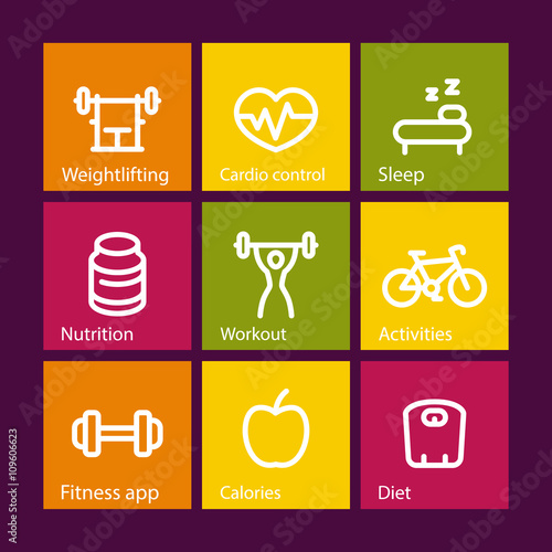 Fitness thick line icons, fit and active lifestyle, strength training, workout, fitness icons on varicolored squares, vector illustration