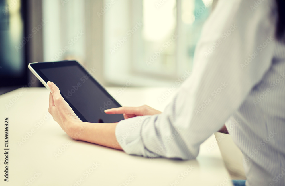close up of woman hands with tablet pc at office close up of woman hands with tablet pc at office
