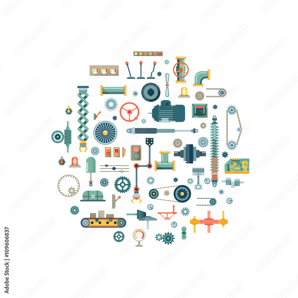 Machine parts flat vector icons in circle composition