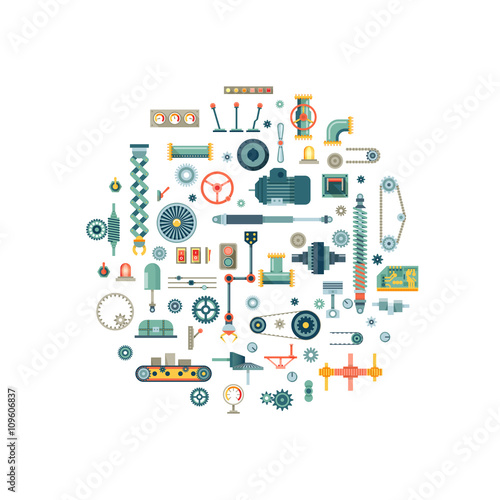 Machine parts flat vector icons in circle composition