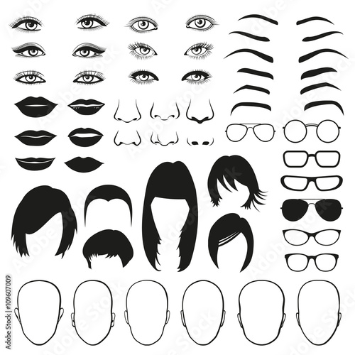 Woman face parts, eye, glasses, lips and hair. Vector set