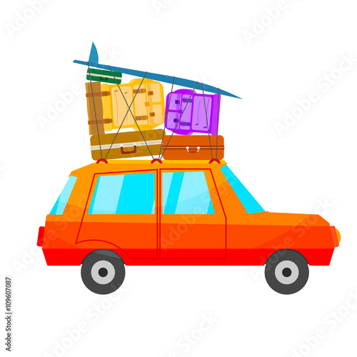 Cartoon red car with a lot of luggage on a white background. A c