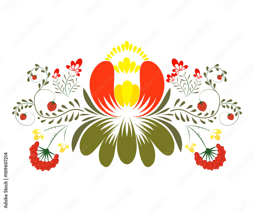 Fototapeta premium Petrik³vsky painting. Flower on a white background. National Ukr