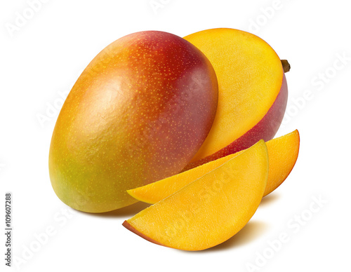 Mango beautiful cut slice half isolated on white background