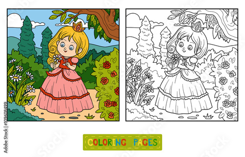 Coloring book, little princess with a flower in the garden