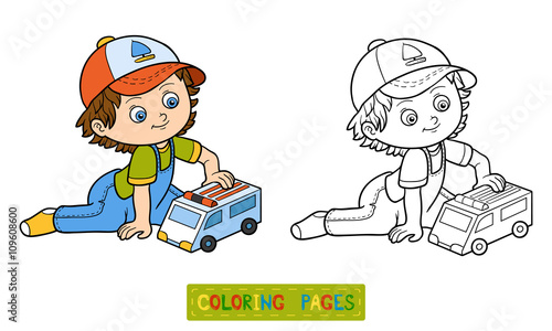 Coloring book. Little boy plays with ambulance car