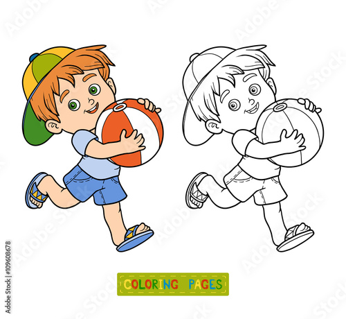 Coloring book for children. Little boy with the ball