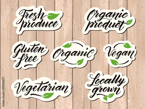 Hand drawn healthy food letterings. Label, badge, logo template 