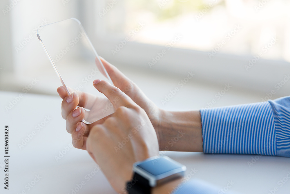 close up of hands with smart phone and watch close up of hands with smart phone and watch