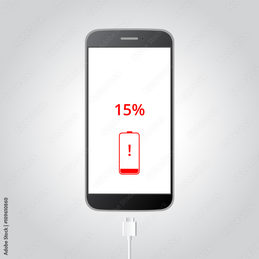 Smart phone need to charge battery, low battery warning, 15% remaining Smart phone need to charge battery, low battery warning, 15% remaining
