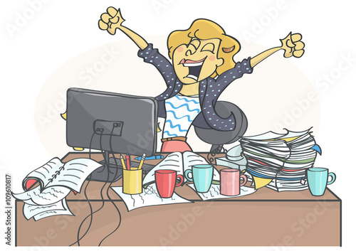 Successful, happy business woman or a clerk sitting at office table, cheering because of business success.