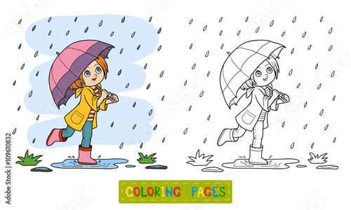 Coloring book. Girl running with an umbrella in the rain