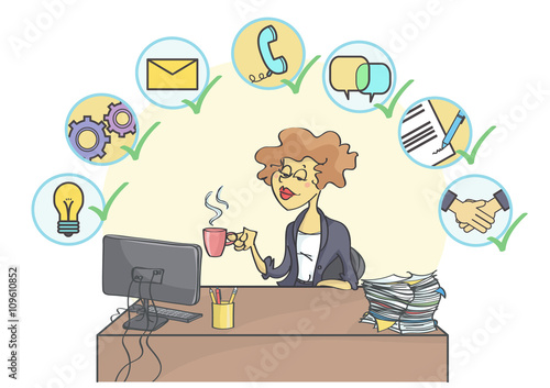 Successful business woman sitting at office table, drinking coffee and smiling confidently, multitasking business icons above her head.