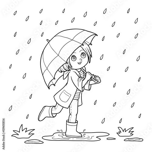 Coloring book. Girl running with an umbrella in the rain