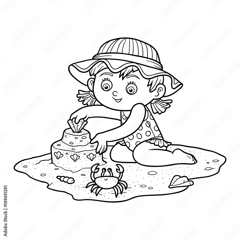 Coloring book for children. Little girl on the beach Stock Vector
