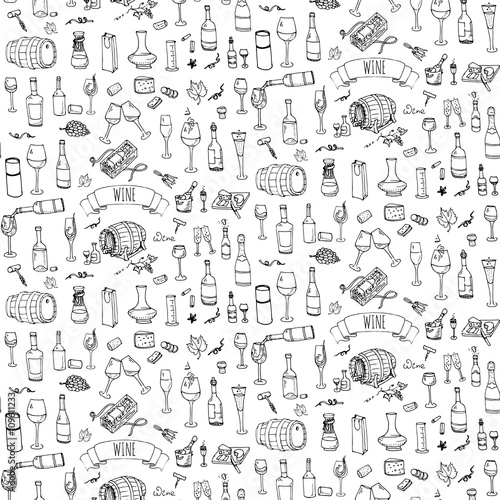 Seamless background hand drawn wine set icons Vector illustration Sketchy wine tasting element collection Wine objects Cartoon wine symbols Vineyard background Vector wine background Winery Wine glass