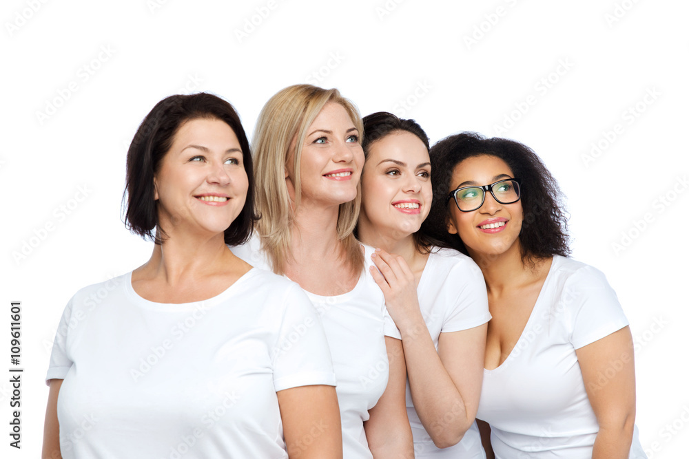 group of happy different women in white t-shirts group of happy different women in white t-shirts