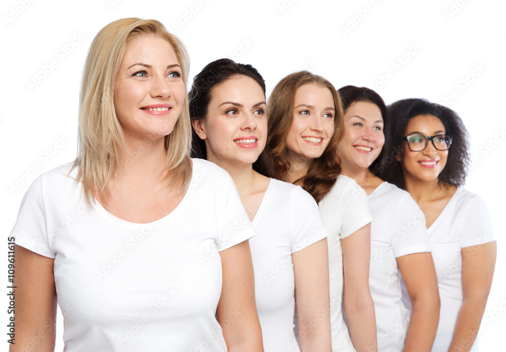 group of happy different women in white t-shirts group of happy different women in white t-shirts