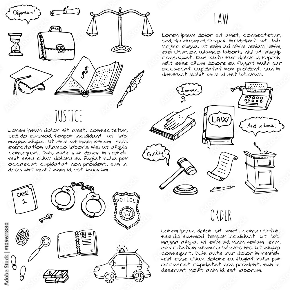 Hand drawn doodle Law and Justice icons set Vector illustration law sketchy symbols collection Cartoon law concept elements suitable for info graphics, websites and print media. Black and white icons Hand drawn doodle Law and Justice icons set Vector illustration law sketchy symbols collection Cartoon law concept elements suitable for info graphics, websites and print media. Black and white icons