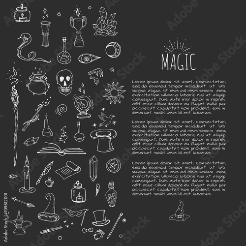 Hand drawn doodle Magic set Vector illustration wizardy, witchcraft symbols Isolated icons collections Cartoon sorcery concept elements Magic wand Love potion Fairy book Fairy tale Snake Crystal ball