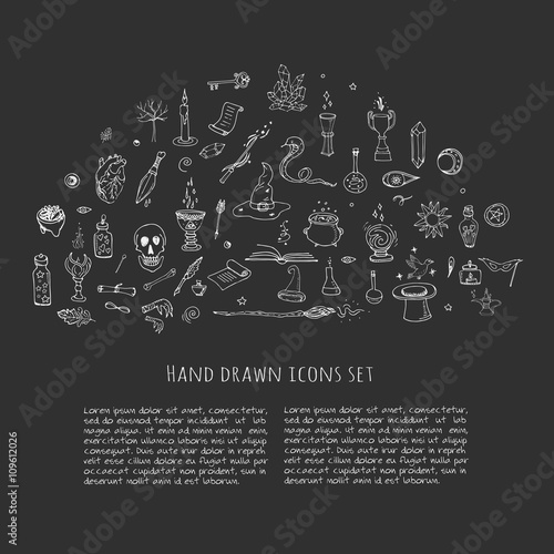 Hand drawn doodle Magic set Vector illustration wizardy, witchcraft symbols Isolated icons collections Cartoon sorcery concept elements Magic wand Love potion Fairy book Fairy tale Snake Crystal ball