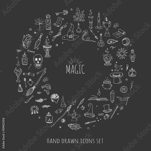Hand drawn doodle Magic set Vector illustration wizardy, witchcraft symbols Isolated icons collections Cartoon sorcery concept elements Magic wand Love potion Fairy book Fairy tale Snake Crystal ball