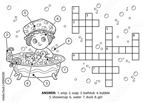 Vector colorless crossword. The girl takes a bath with foam