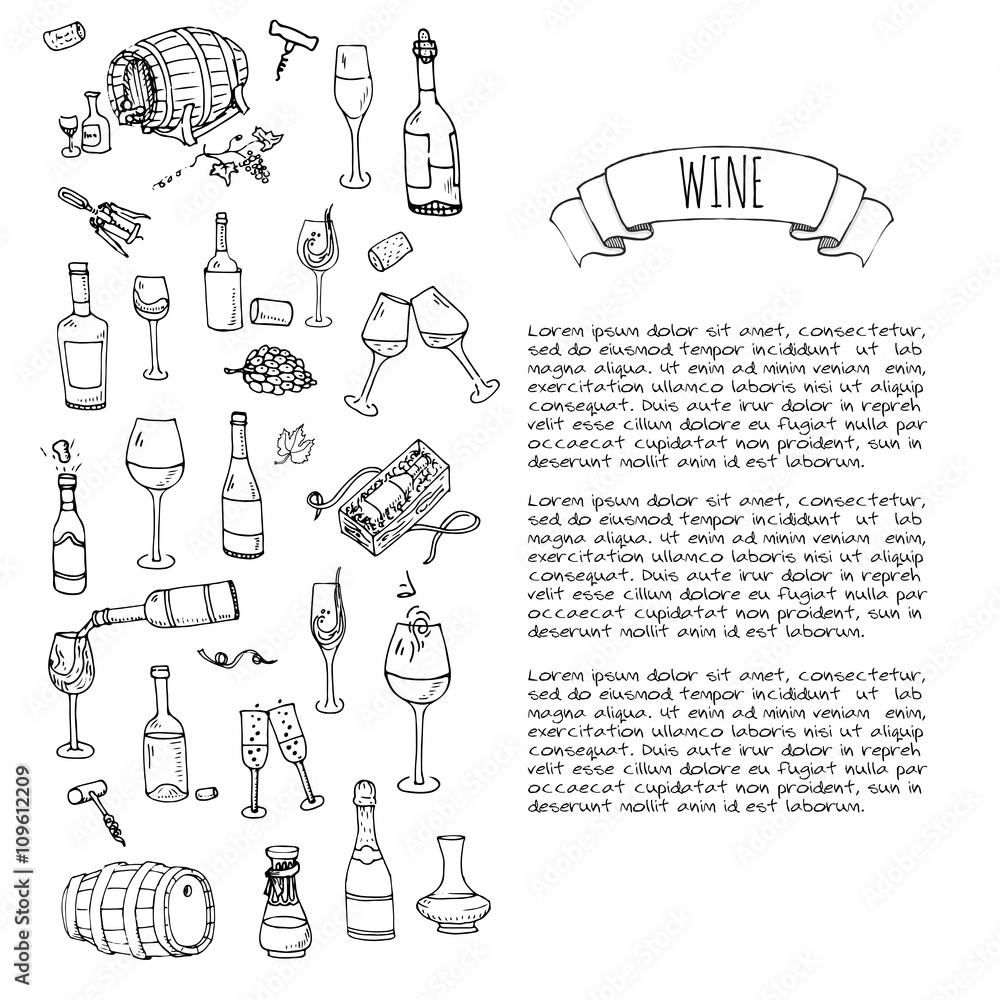 Hand drawn wine set icons Vector illustration Sketchy wine tasting elements collection Wine objects Cartoon wine symbols Vineyard background Vector wine background Winery illustration Grape Wine glass Hand drawn wine set icons Vector illustration Sketchy wine tasting elements collection Wine objects Cartoon wine symbols Vineyard background Vector wine background Winery illustration Grape Wine glass