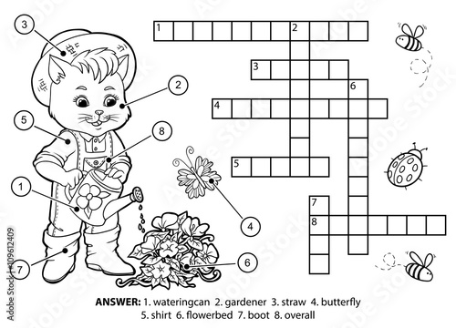 Vector colorless crossword. Cat gardener watering flowers