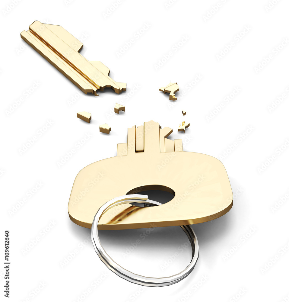 Broken key isolated on white background. 3d render image. Broken key isolated on white background. 3d render image.
