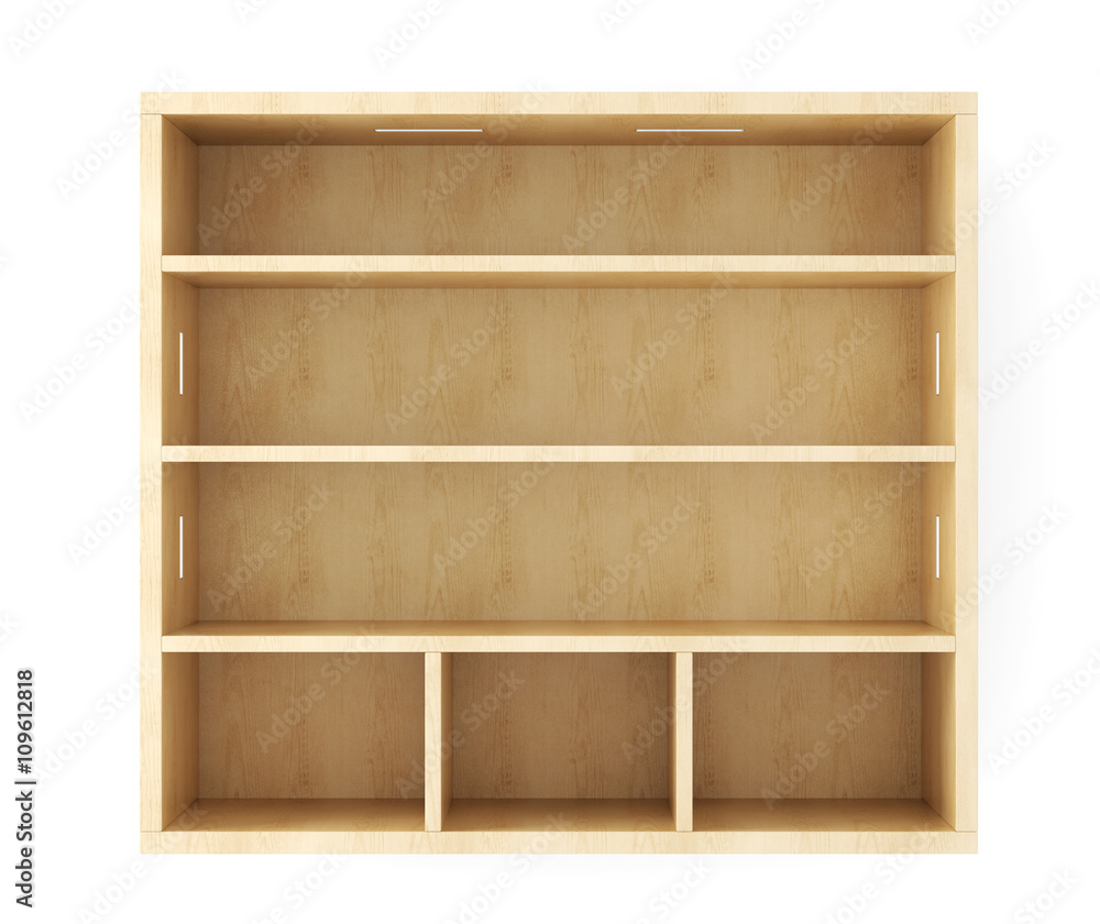 Wooden shelves with built-in lights isolated on white background. 3d rendering. Wooden shelves with built-in lights isolated on white background. 3d rendering.