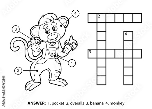 Vector colorless crossword. Little monkey and bananas