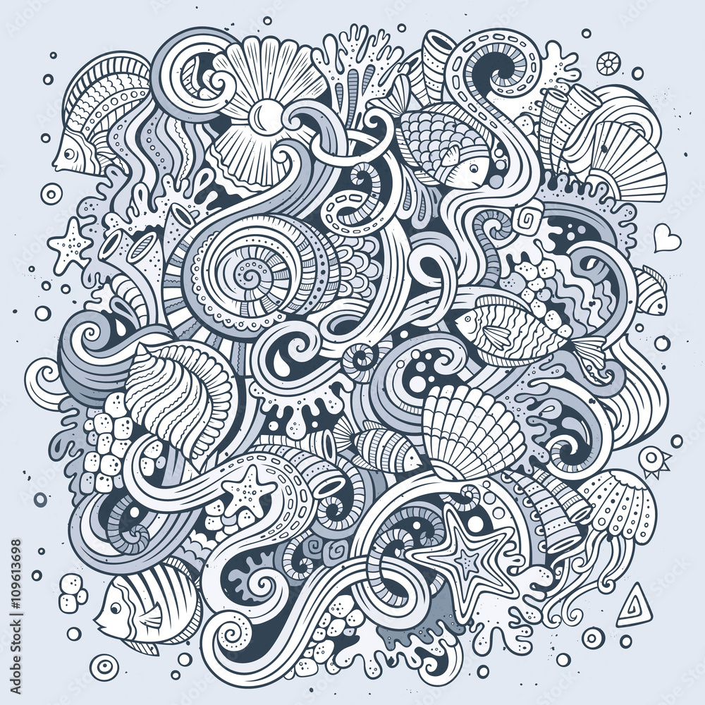 Fototapeta premium Cartoon hand-drawn doodles Underwater life illustration