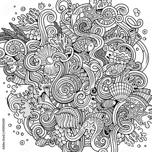 Cartoon hand-drawn doodles Underwater life illustration