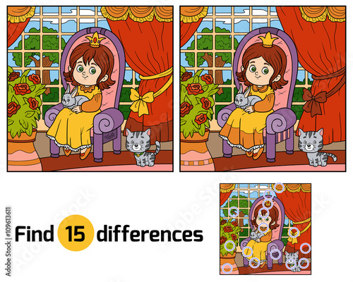 Find differences for children. Little princess sitting on a thro