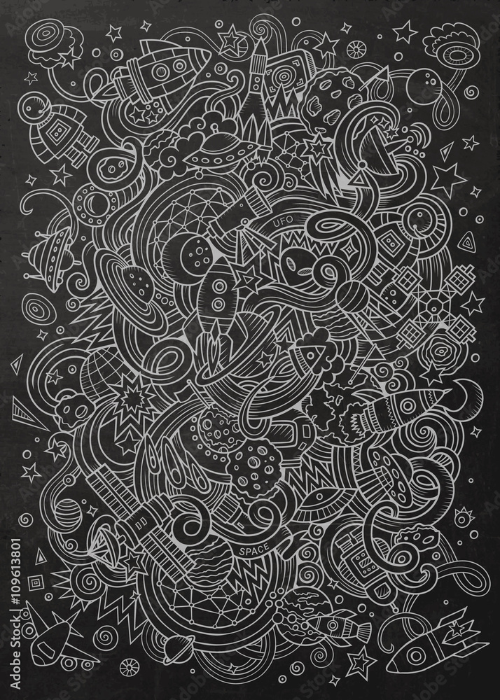 Fototapeta premium Cartoon hand-drawn doodles Space illustration