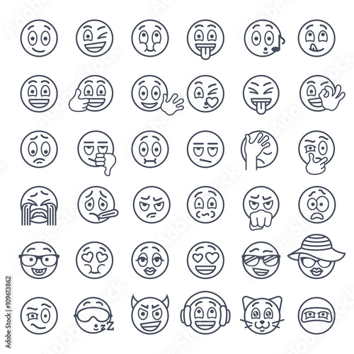 Smiley face thin lines flat vector icons set. Emoji emoticons. Different  facial emotions and expression linear symbols. Cute ball cartoon character mood and reactions for text chat and web messenger