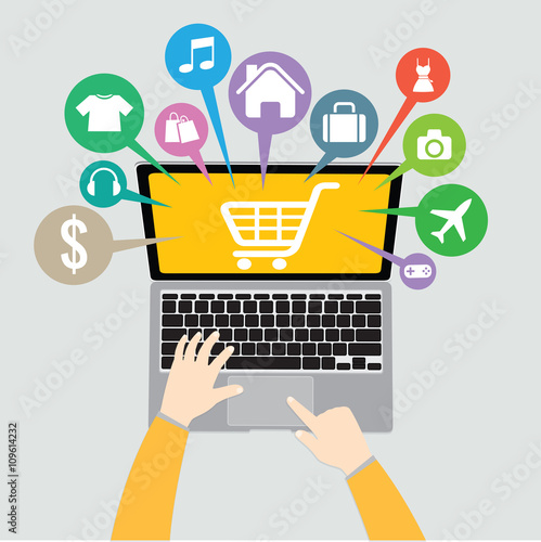 Laptop Computers with basket online shop, ecommerce concept vector