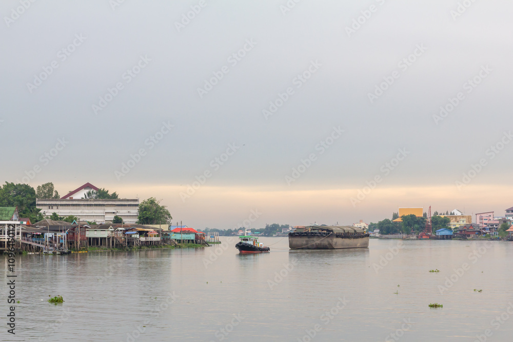 landscape Tug boats chaopraya river countryside Thailand eveing time