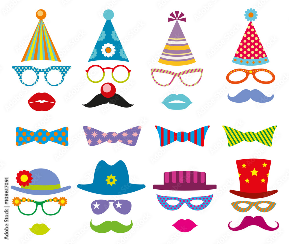 Birthday party photo booth props vector set. Party decoration for photo