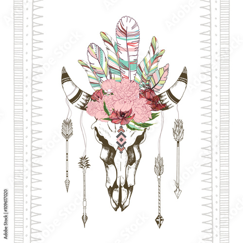 Vector fashion boho chick style goat skull with flower, feather  wreath and arrow. Traditional bohemian deoration. Use for poster, party, fashion, events, promotion, shop, store, design.