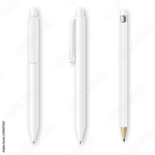 White pen and pencil vector mockups. Corporate identity and branding stationery template. Branding pen and pencl identity, office pencil and pen, design pen and pencil illustration