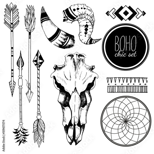 Vector Boho chic set of goat skull, tribal arrows, horn, antler, dreamcatcher and traditional bohemian geometry. Isolated on white background.