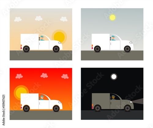 Furgoneta blanca de logística. Vehículo de transporte en diferentes horas del día