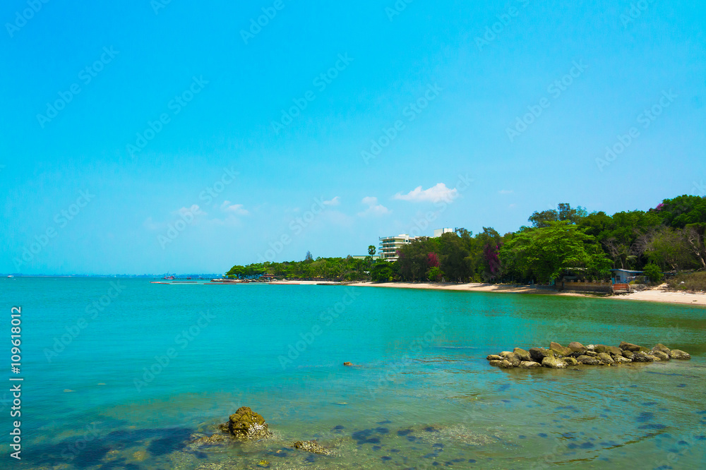 Beautiful beach with blue sea in the north of Pattaya, Thailand