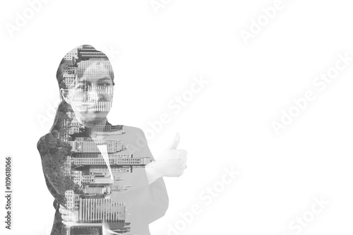 Double exposure concept portrait of asian businesswoman with city in the background